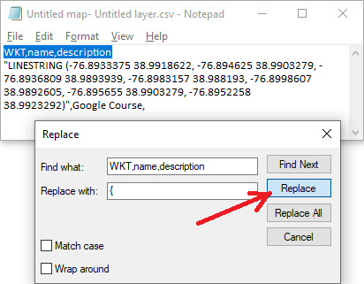 Google Maps Replace 'WKT,name,description' with '{'