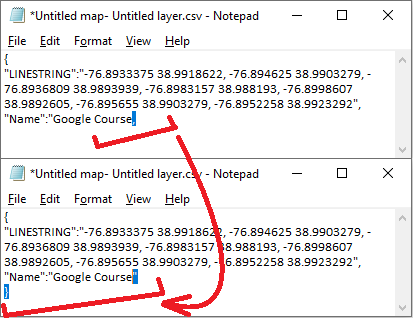 Google Maps Replace the final comma at the end of the file with '"}'